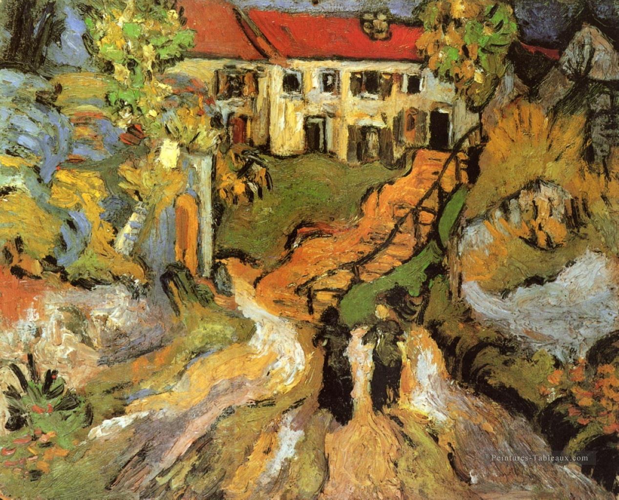 Village Street et étapes à Auvers avec deux personnages Vincent van Gogh Peintures à l'huile